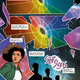 The main characters of Starstruck standing in shadow, outside at night beneath the sky, which is filled by a rainbow-colored pane of light on which there are two circles containing the symbols of the zodiac.
